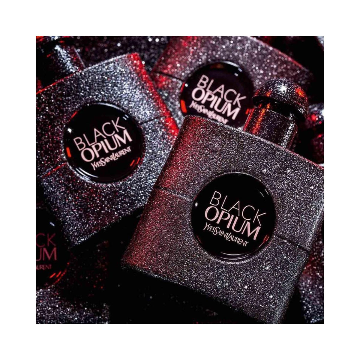 Refect Beauty Yves Saint Laurent Black Opium Eau de Parfum Extreme bottles with a shimmering black glitter finish