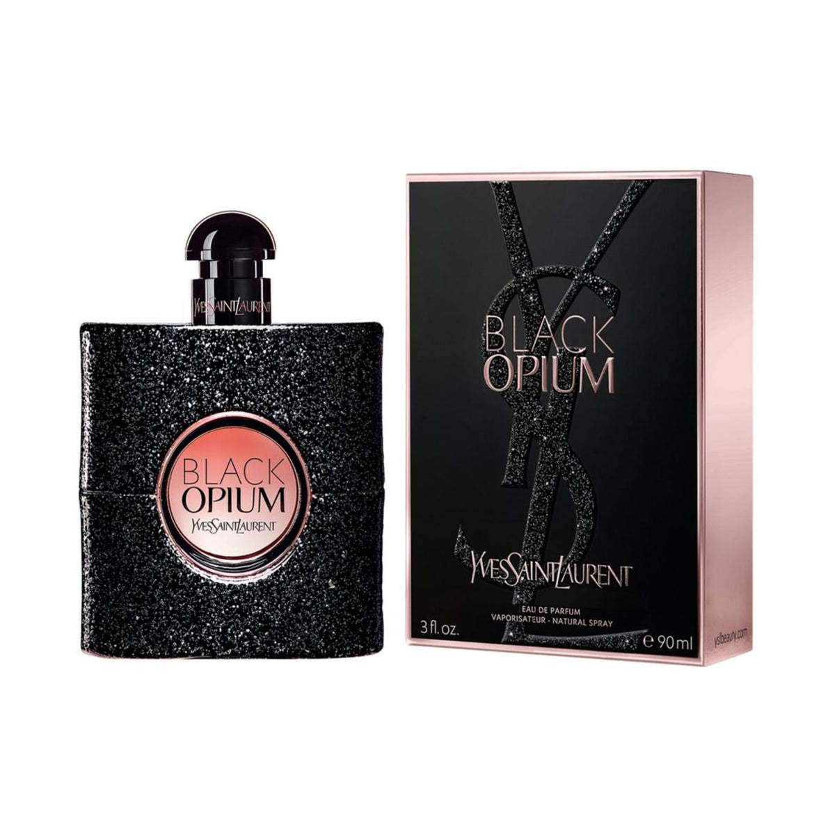 Refect Beauty Yves Saint Laurent Black Opium Eau de Parfum bottle and box with glittery black finish