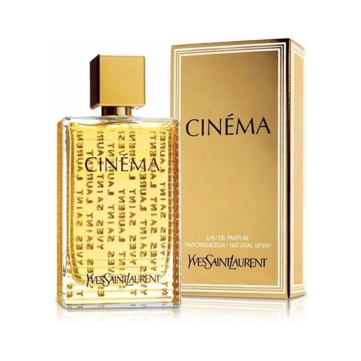 Refect Beauty Yves Saint Laurent Cinema Eau de Parfum in a glass bottle with gold accents and matching gold box. Main image