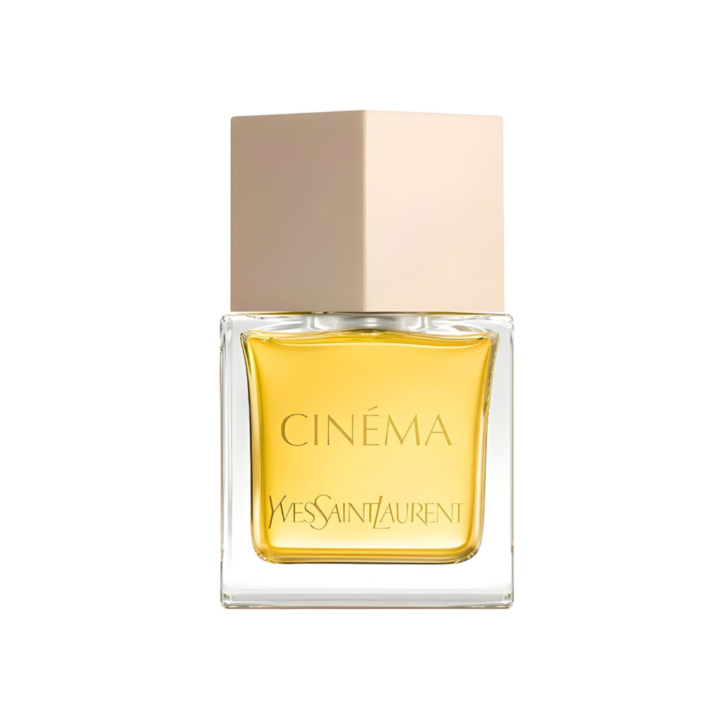 Refect Beauty Yves Saint Laurent Cinema Eau de Parfum in a clear glass bottle with a gold cap and amber liquid.