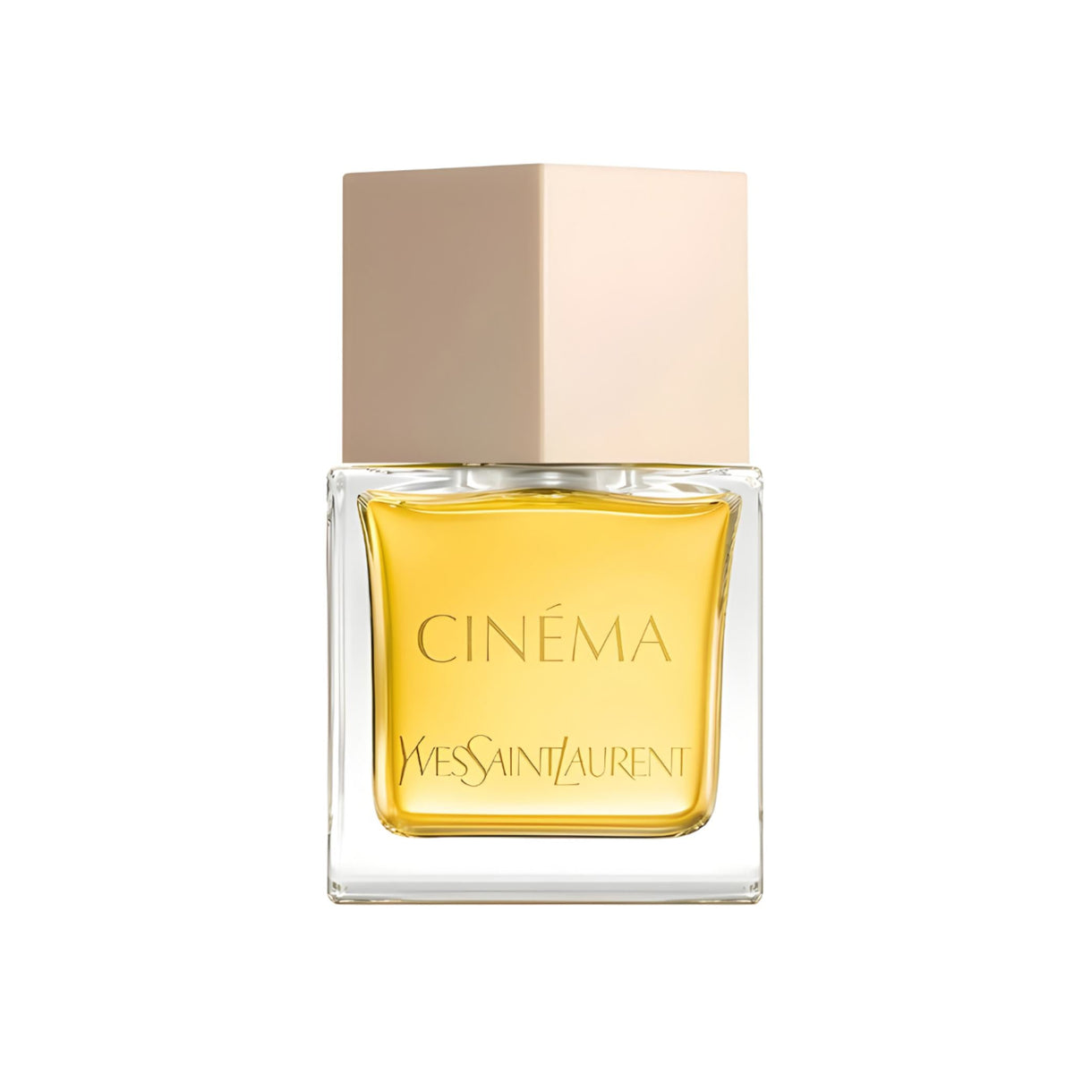 Refect Beauty Yves Saint Laurent Cinema Eau de Parfum in a clear glass bottle with a gold cap and amber liquid.