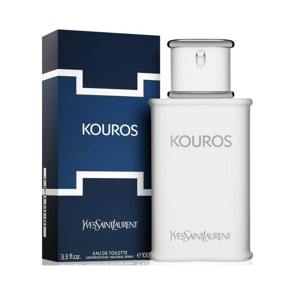 Refect Beauty Yves Saint Laurent Kouros Eau de Toilette bottle and box featuring a classic white and blue design.