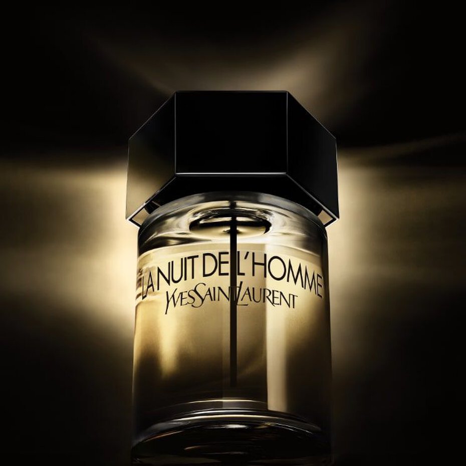 Refect Beauty Yves Saint Laurent La Nuit De L'homme Eau de Toilette bottle with a dark, moody backlit aesthetic.