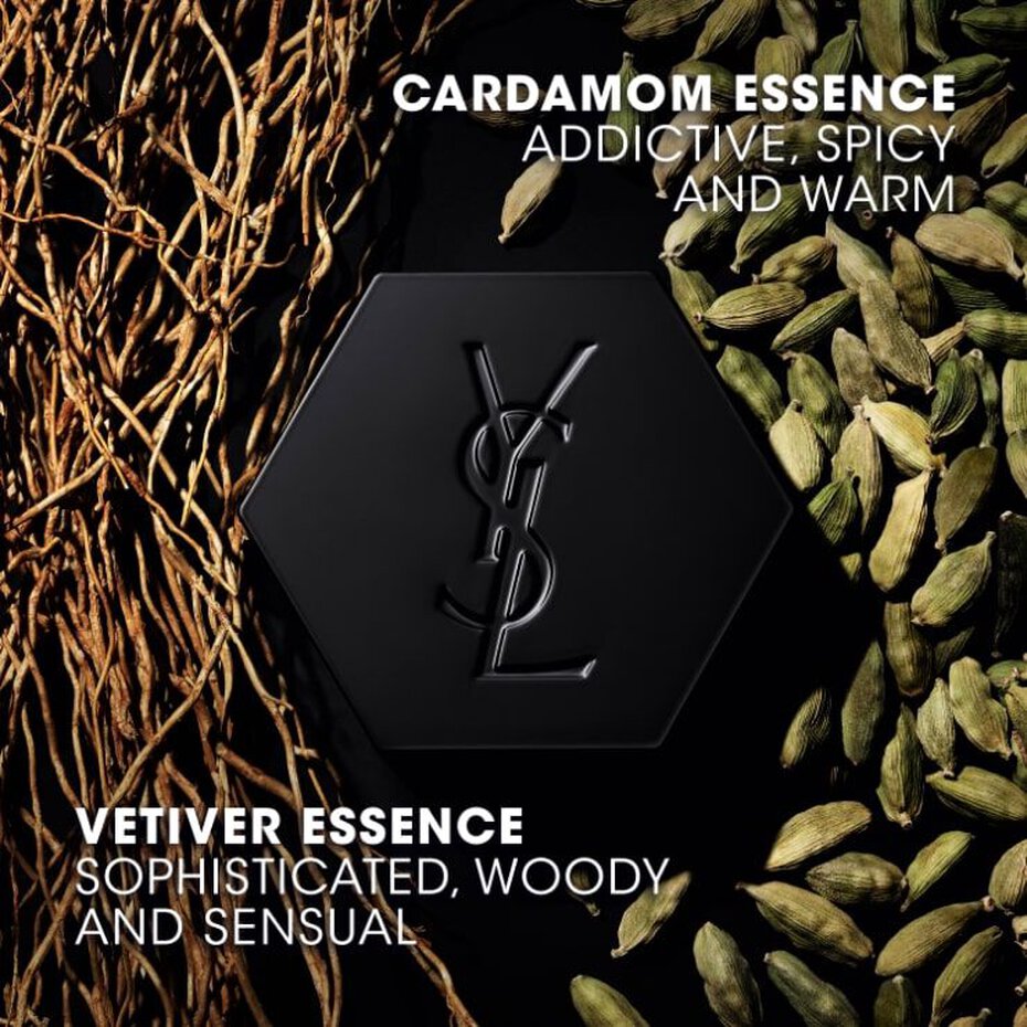 Refect Beauty Yves Saint Laurent La Nuit De L'homme fragrance bottle cap surrounded by cardamom pods and vetiver roots