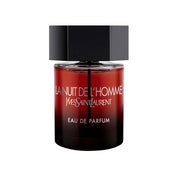 Refect Beauty Yves Saint Laurent La Nuit De L'Homme Eau de Parfum in a dark red ombre glass bottle with a black cap.
