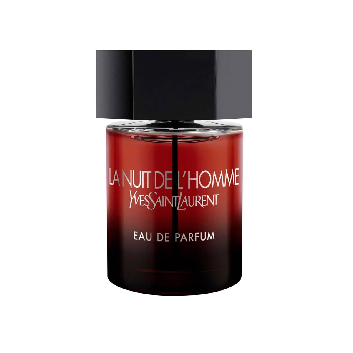 Refect Beauty Yves Saint Laurent La Nuit De L'Homme Eau de Parfum in a dark red ombre glass bottle with a black cap.