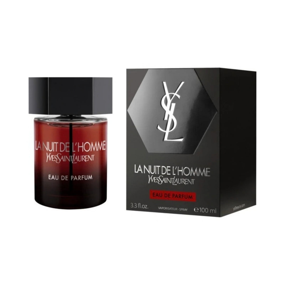 Refect Beauty Yves Saint Laurent La Nuit De L'Homme Eau de Parfum bottle and box with dark red gradient glass