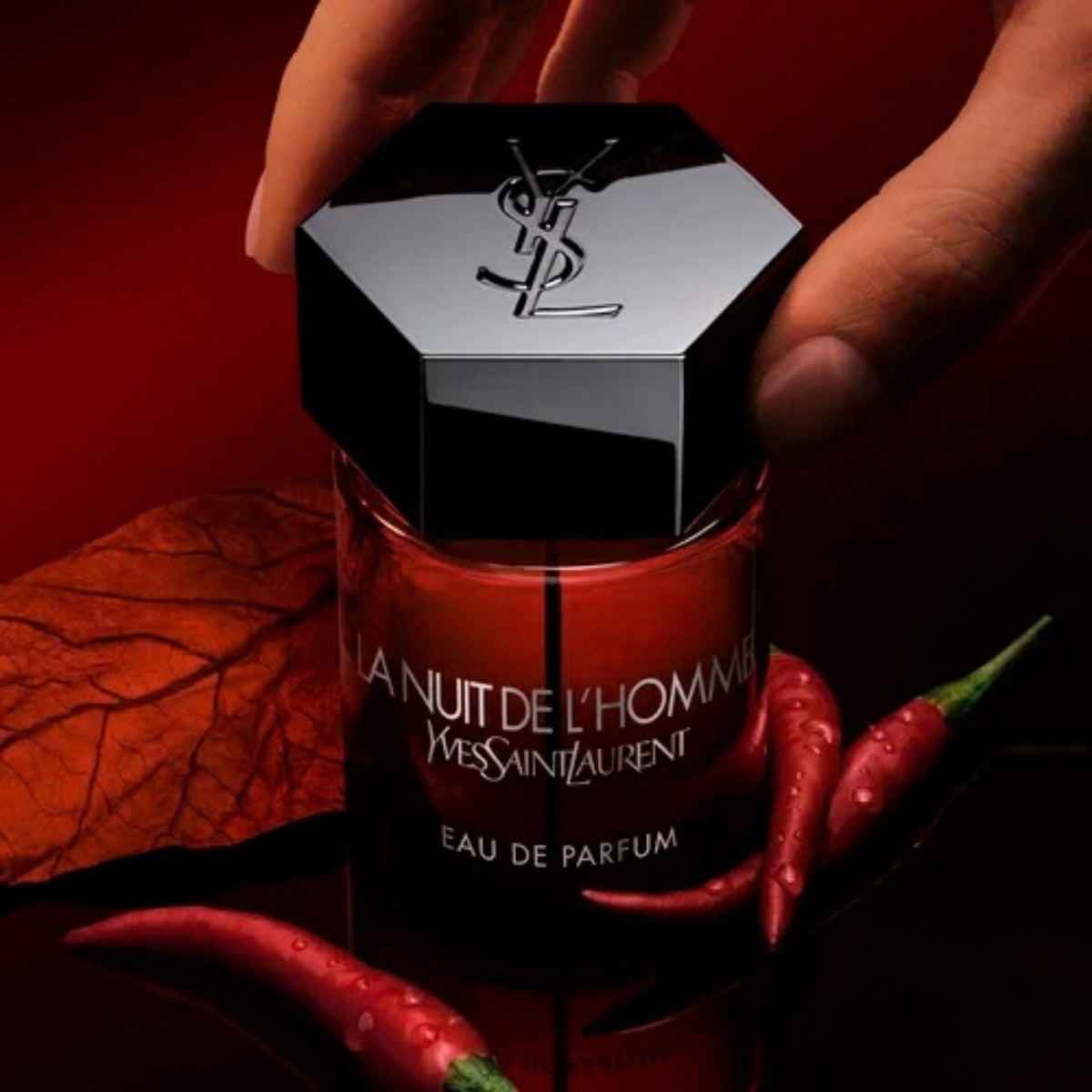 Refect Beauty Yves Saint Laurent La Nuit De L'Homme Eau de Parfum bottle with a hexagonal cap on a dark red background