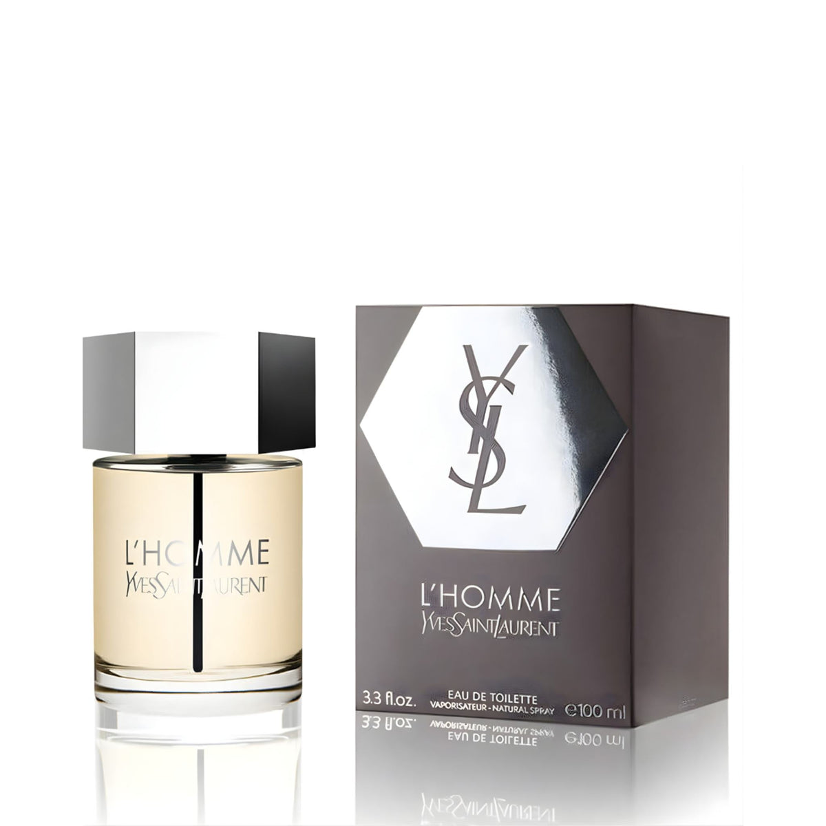 Refect Beauty Yves Saint Laurent L'homme Eau de Toilette bottle and packaging box with a modern metallic hexagonal cap.