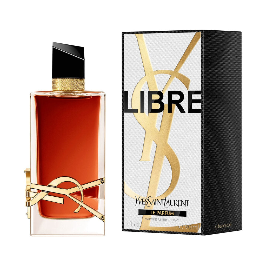 Refect Beauty Yves Saint Laurent Libre Le Parfum 90ml bottle and box featuring gold logo and amber fragrance liquid.