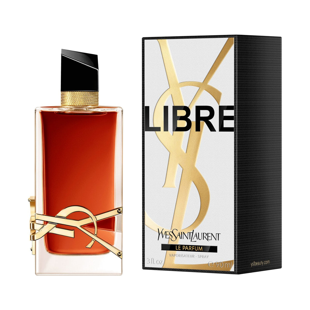 Refect Beauty Yves Saint Laurent Libre Le Parfum 90ml bottle and box featuring gold logo and amber fragrance liquid.