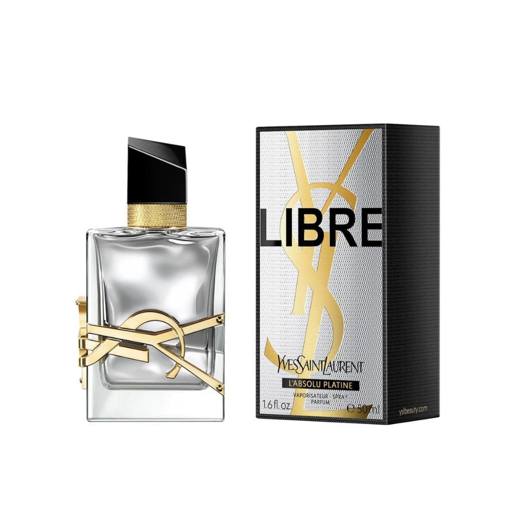Refect Beauty Yves Saint Laurent Libre L'Absolu Platine parfum bottle and silver metallic packaging box