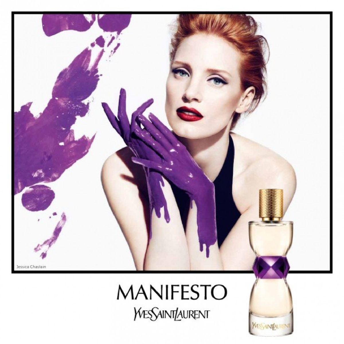 Refect Beauty advertisement for Yves Saint Laurent Manifesto perfume featuring Jessica Chastain with purple paint