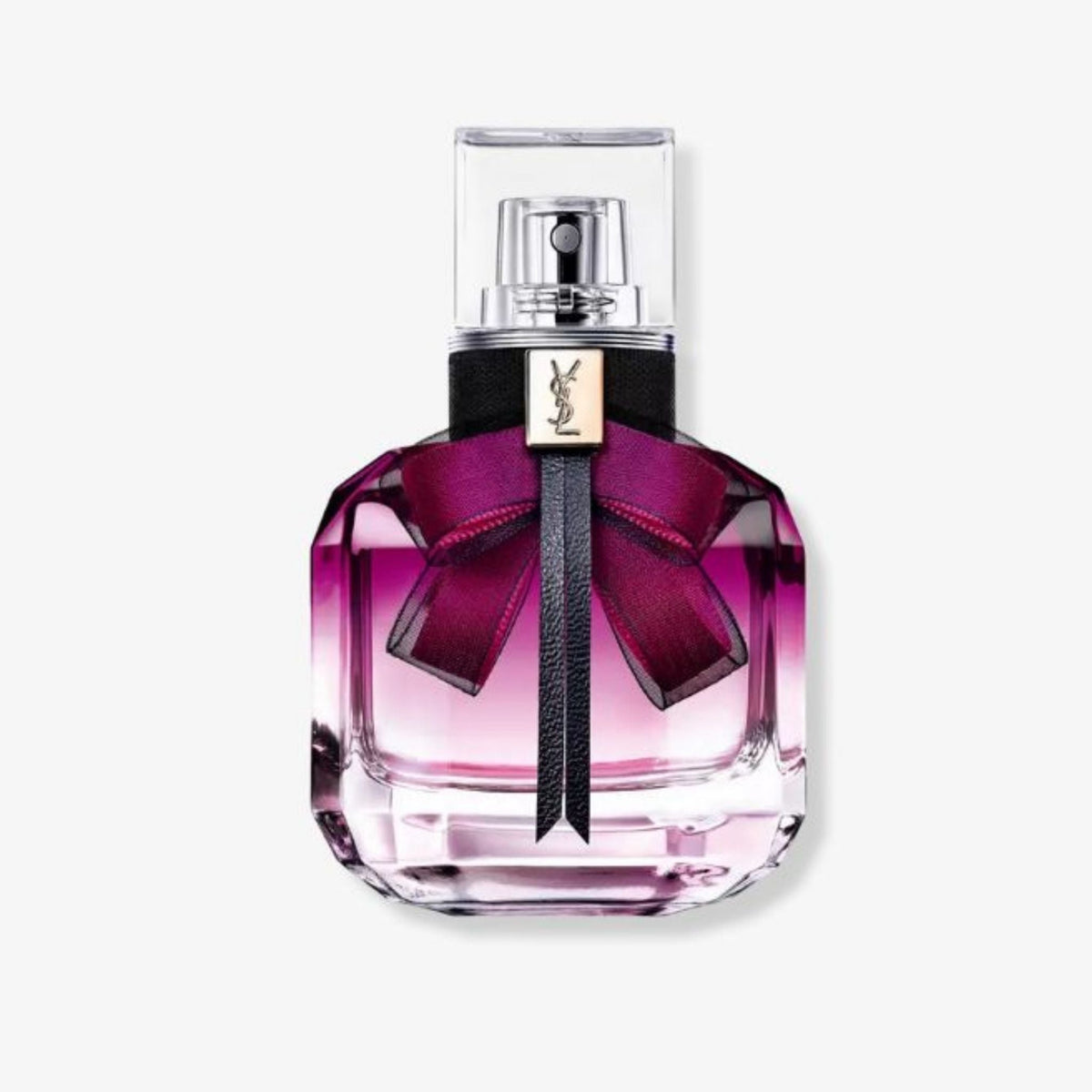Refect Beauty Yves Saint Laurent Mon Paris Intensement perfume bottle with a deep pink glass and black silk bow.