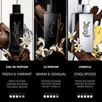 Refect Beauty Yves Saint Laurent MYSLF fragrance collection featuring Eau de Parfum, Le Parfum, and L'Absolu bottles