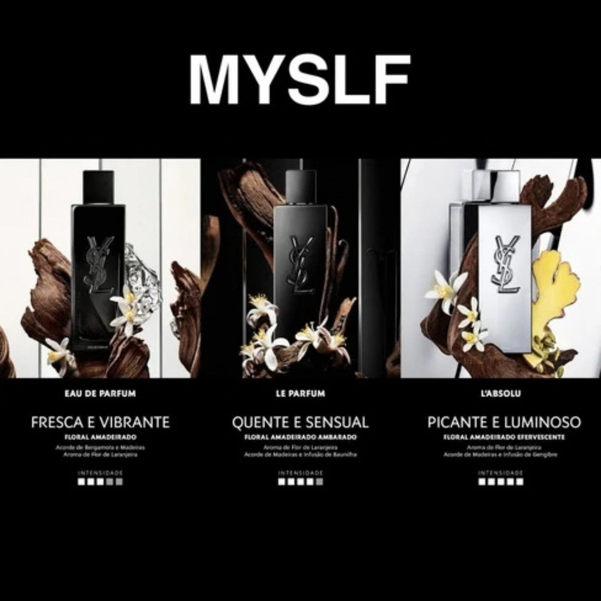 Refect Beauty collection of Yves Saint Laurent Myslf fragrance bottles featuring Eau de Parfum, Le Parfum, and L'Absolu