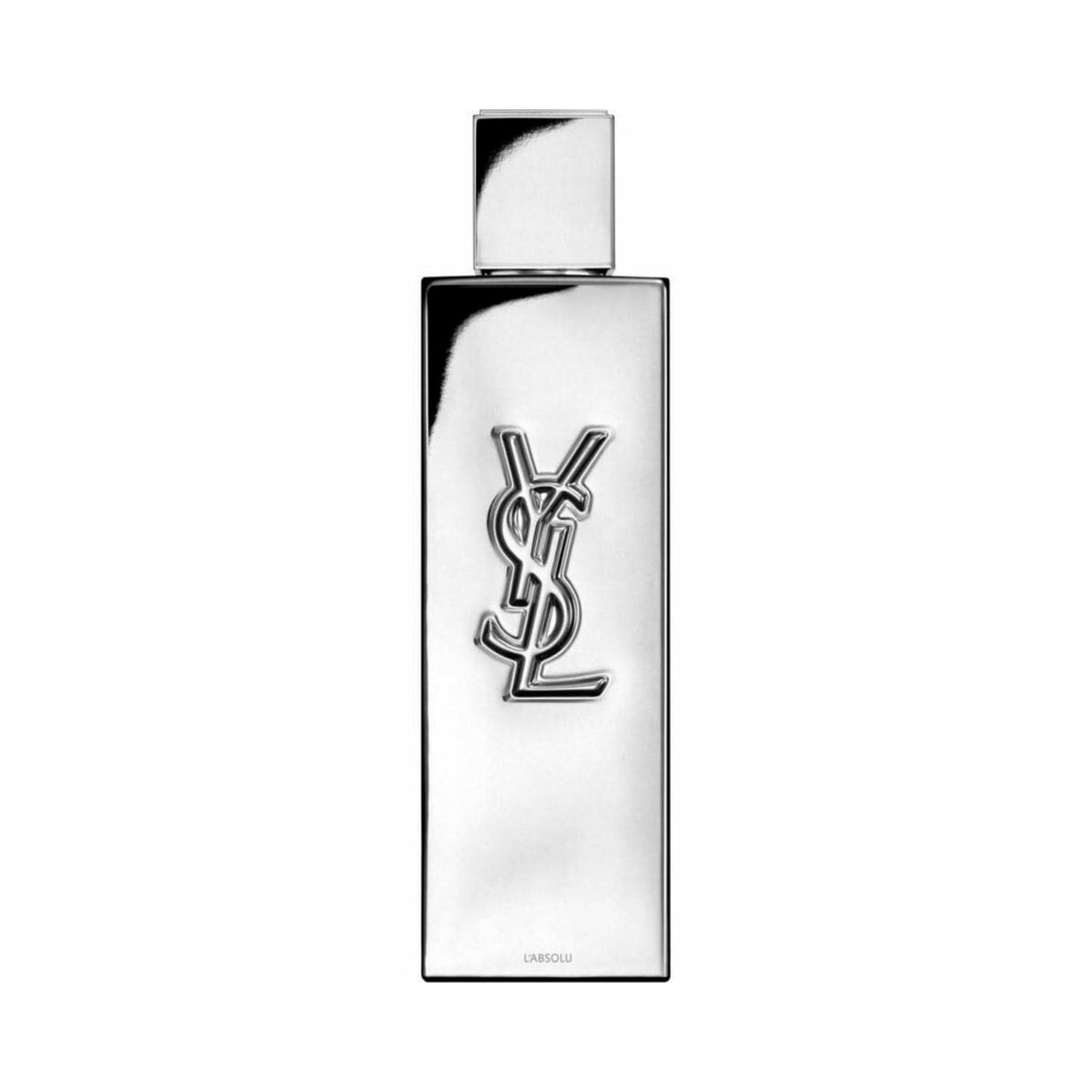 Refect Beauty Yves Saint Laurent Myslf L'Absolu fragrance in a sleek, metallic silver mirror-finish glass bottle.