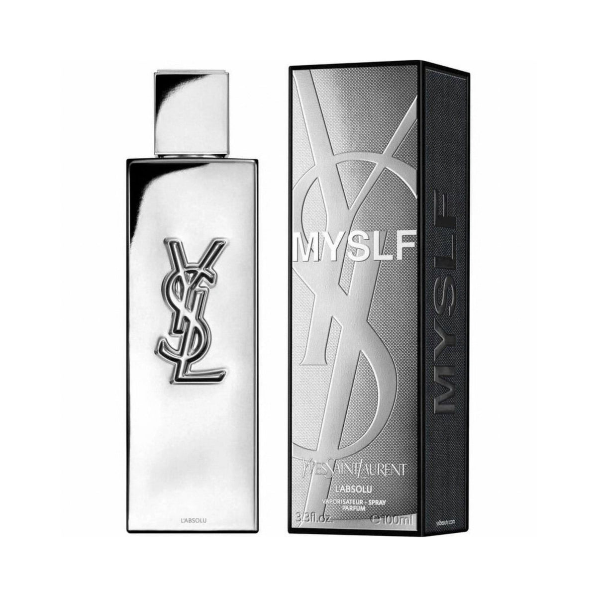 Refect Beauty Yves Saint Laurent Myslf L'Absolu fragrance bottle and box with metallic silver mirror finish