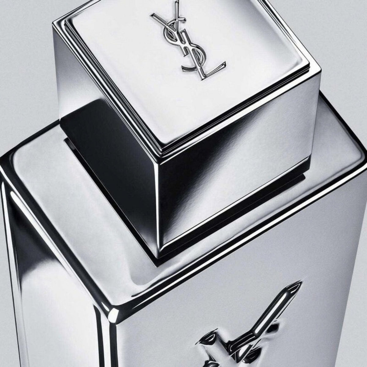 Refect Beauty Yves Saint Laurent Myslf L'Absolu fragrance in a metallic silver mirror monolith bottle with YSL logo