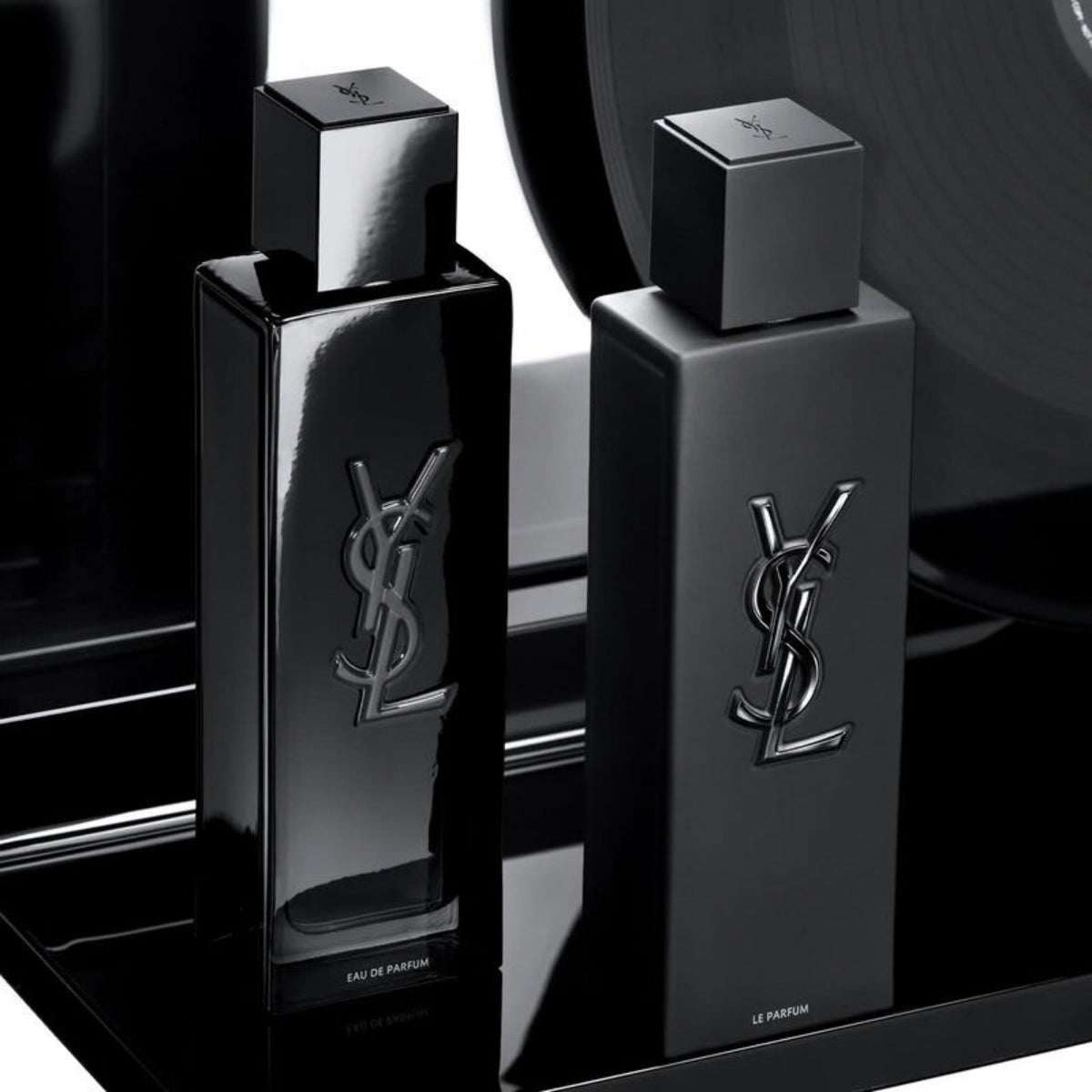 Refect Beauty Yves Saint Laurent Myslf Le Parfum and Eau de Parfum bottles in sleek black glass with silver logos