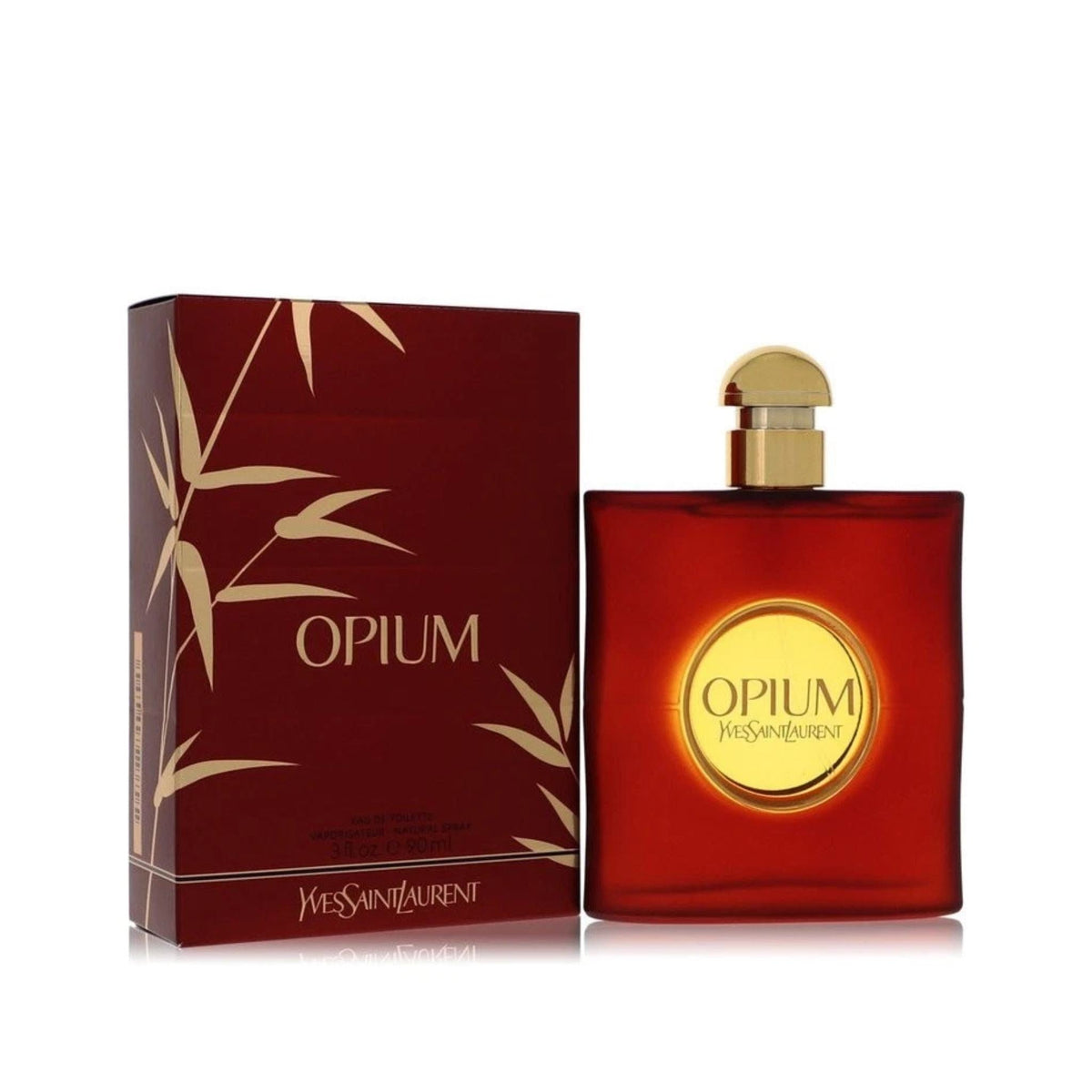 Refect Beauty Yves Saint Laurent Opium Eau de Toilette perfume bottle and its iconic red box with bamboo design.