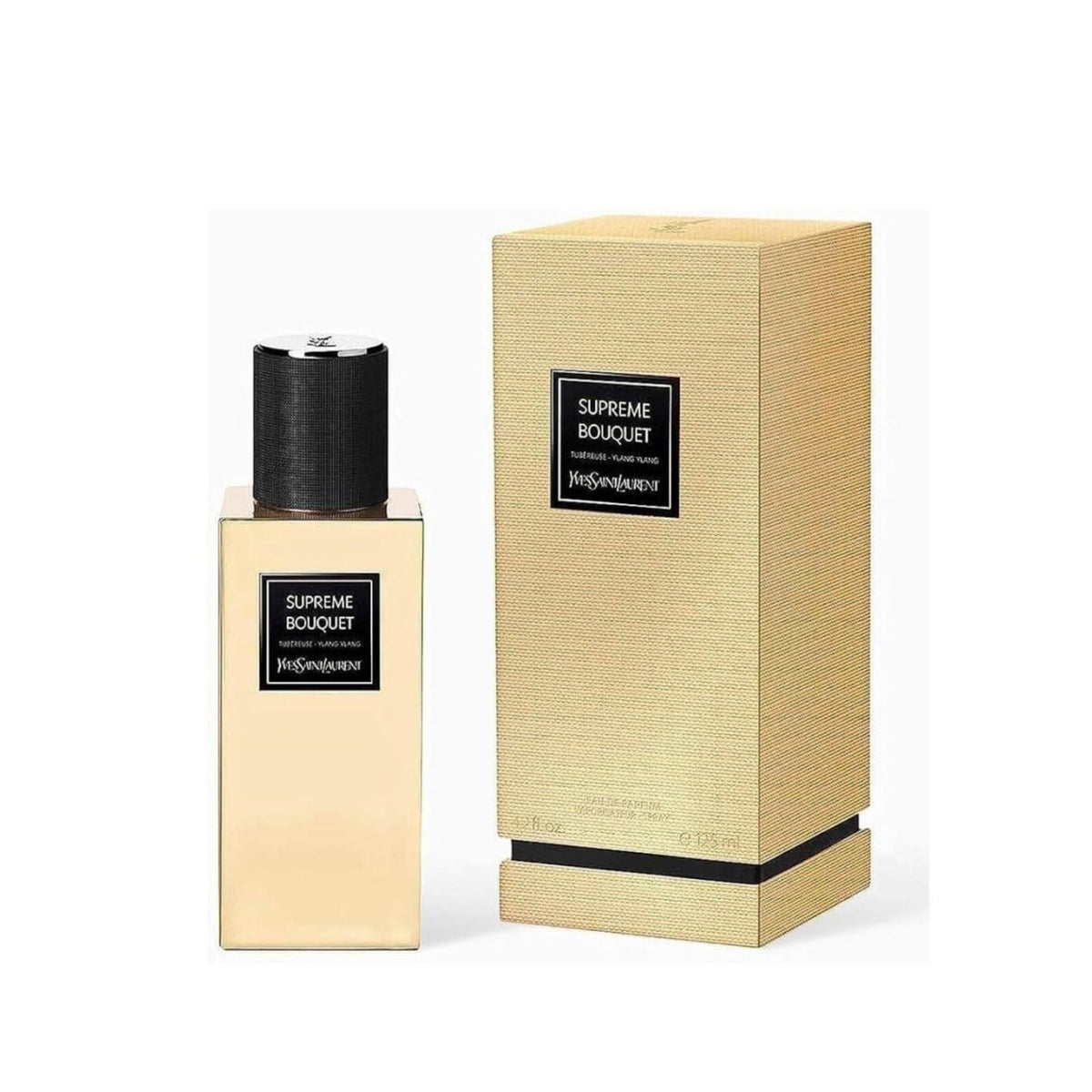 Refect Beauty Yves Saint Laurent Supreme Bouquet Eau de Parfum bottle and textured gold box on a white background.