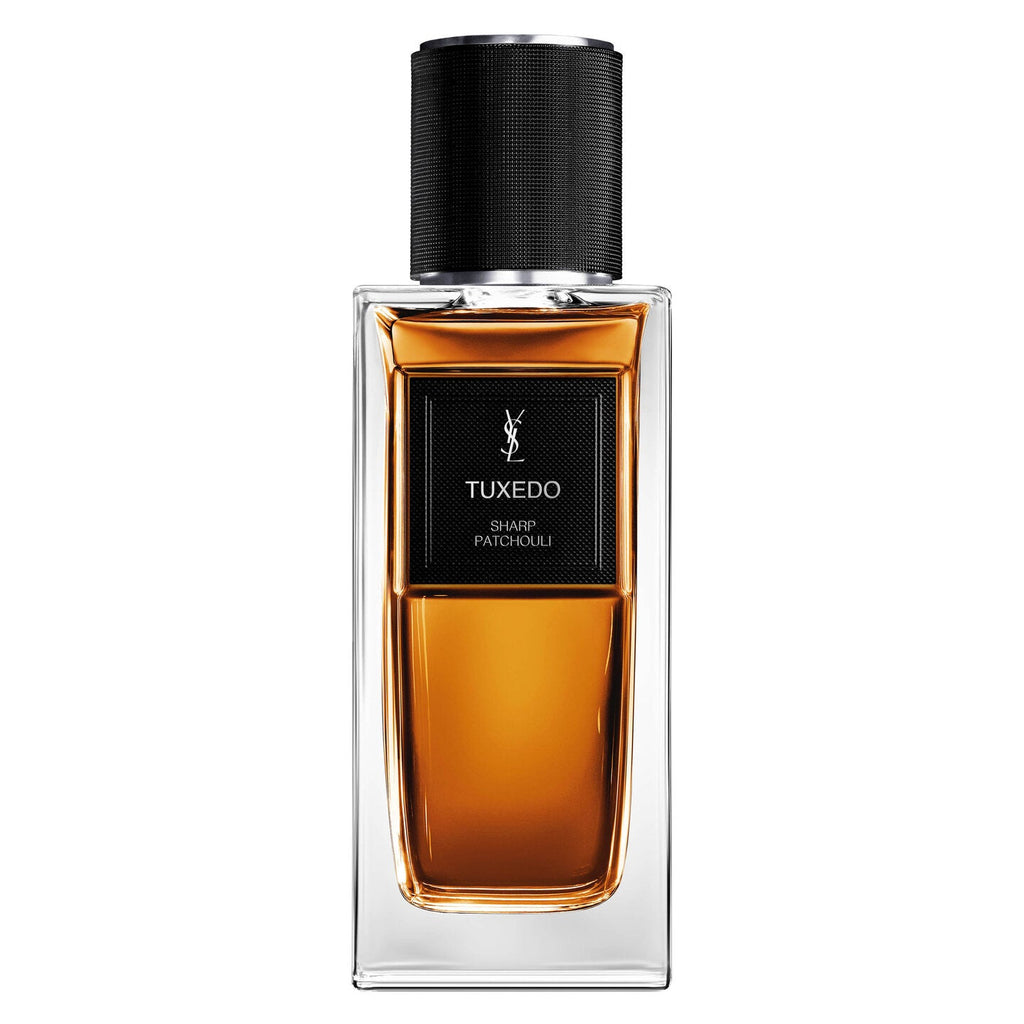 Refect Beauty Yves Saint Laurent Tuxedo Sharp Patchouli eau de parfum in a rectangular glass bottle with a black cap.