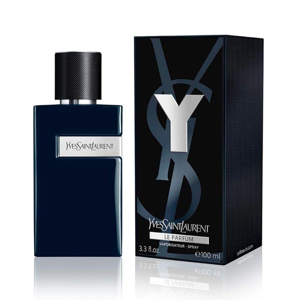 Refect Beauty Yves Saint Laurent Y Le Parfum for men, a dark blue glass bottle with matching box, woody aromatic scent.