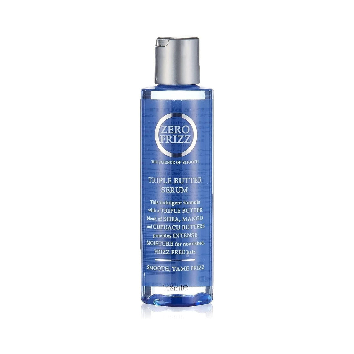 Refect Beauty Zero Frizz Triple Butter hair serum in a clear blue bottle with a silver cap for smooth hair.