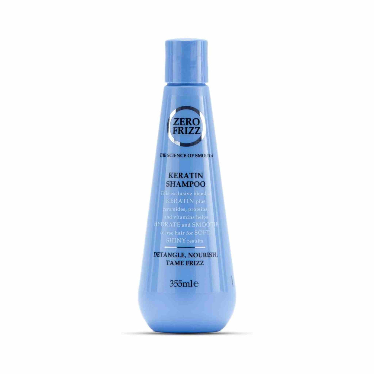 Refect Beauty Zero Frizz Keratin Shampoo in a light blue 355ml bottle for smoothing and nourishing frizzy hair.