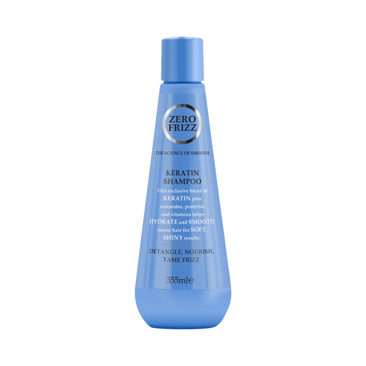Refect Beauty Zero Frizz Keratin Smoothing Shampoo in a light blue bottle for sleek and manageable hair.