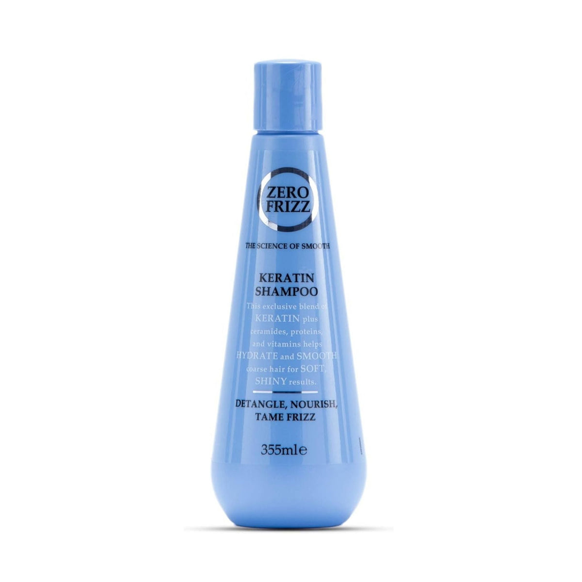 Refect Beauty Zero Frizz Keratin Shampoo in a light blue tapered bottle for smoothing and nourishing frizzy hair. Main image