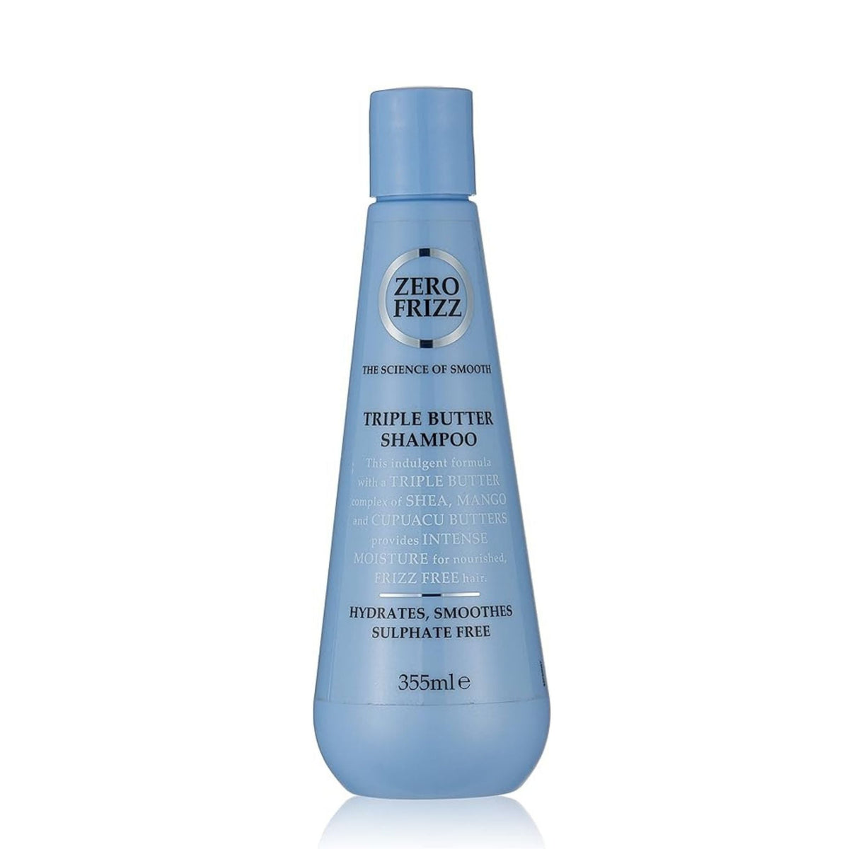 Refect Beauty Zero Frizz Triple Butter Shampoo in a light blue bottle for smoothing dry and unruly hair